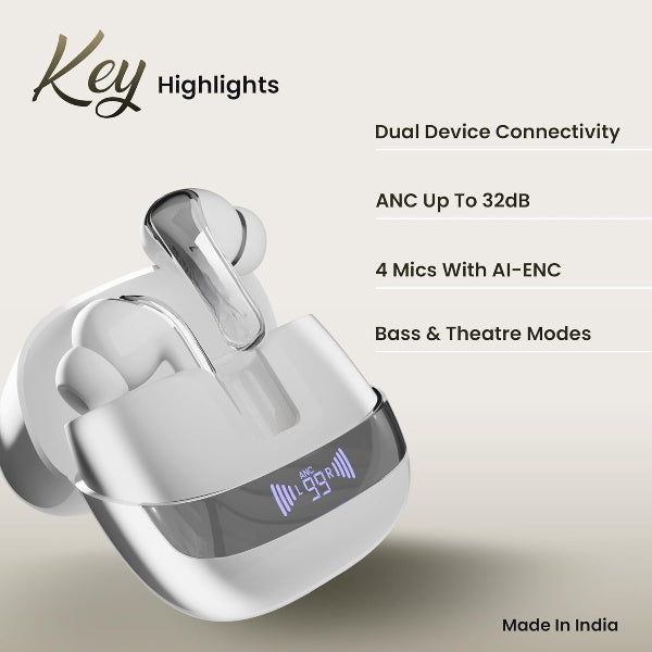 TWS Earbuds | Dual Device Connectivity | ANC 32dB | 4 AI-ENC Mics | 65H Playback | Bass & Theatre Modes | 3D Spatial Audio | Bluetooth 5.4 | (Silk White)