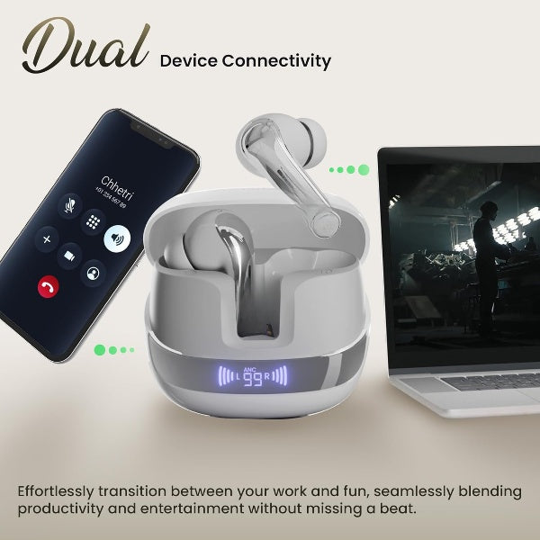 TWS Earbuds | Dual Device Connectivity | ANC 32dB | 4 AI-ENC Mics | 65H Playback | Bass & Theatre Modes | 3D Spatial Audio | Bluetooth 5.4 | (Silk White)