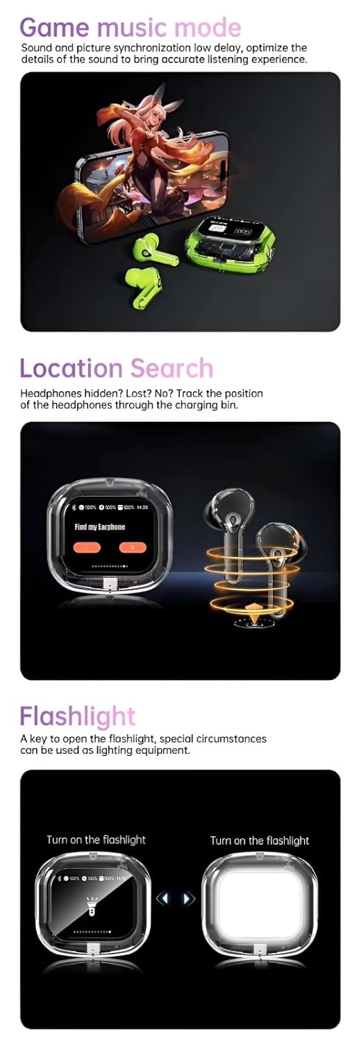 Screen TWS, Smart Touch Display True Wireless Buds, BT5.4 with Low Latency Gaming Mode, Type-C Fast Charging, Find My Earbuds, 4 Mics ENC for Clear Calling, EQ Mode.(White)