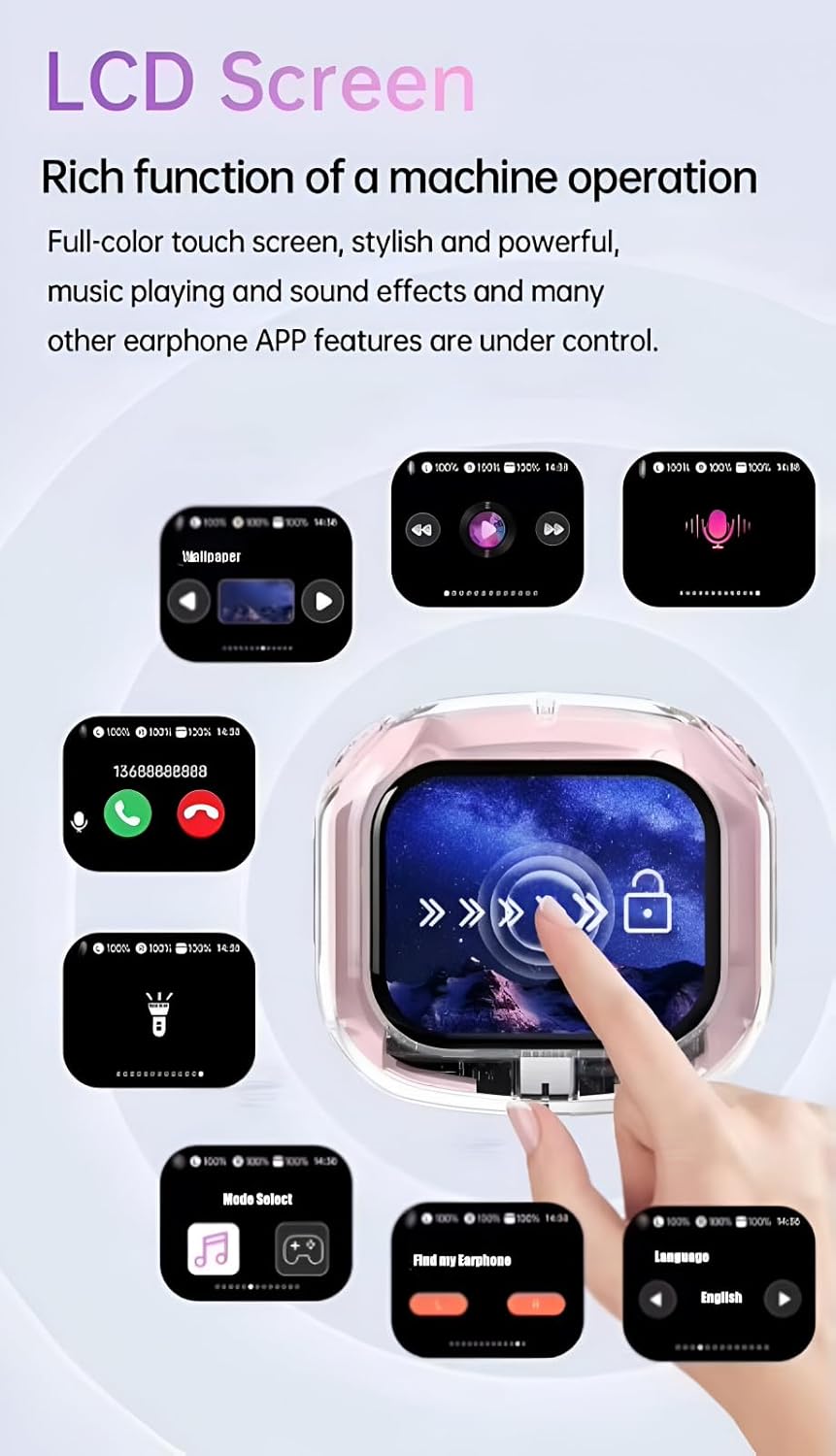 Screen TWS, Smart Touch Display True Wireless Buds, BT5.4 with Low Latency Gaming Mode, Type-C Fast Charging, Find My Earbuds, 4 Mics ENC for Clear Calling, EQ Mode.(White)