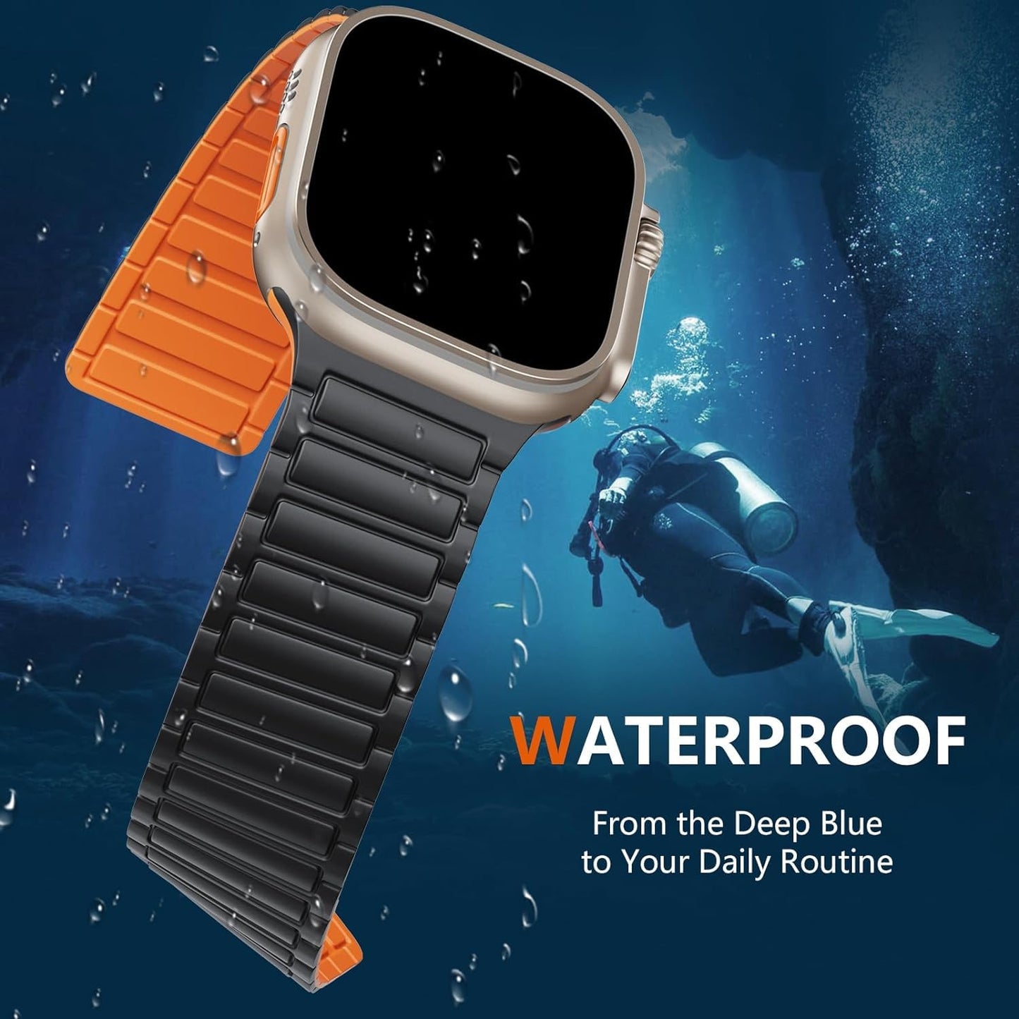 Silicone Magnetic Sport Watch Band Compatible with Apple Watch Ultra 2/Ultra Band for 49mm 46mm 45mm 44mm, Solo Loop Strap for iwatch Series 10 9 8 7 6 5 SE2 4 - Black|Orange