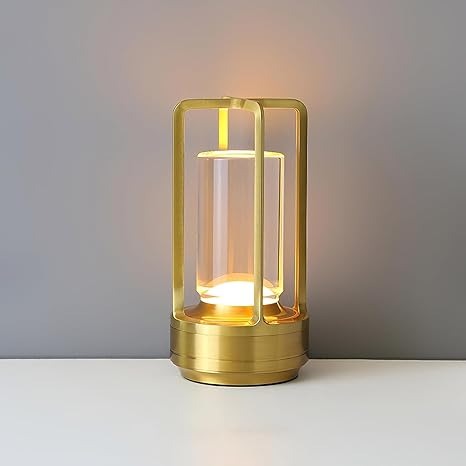 Crystal Lantern Table Lamp – 3-Color Rechargeable LED Night Light with Gold Metal Frame