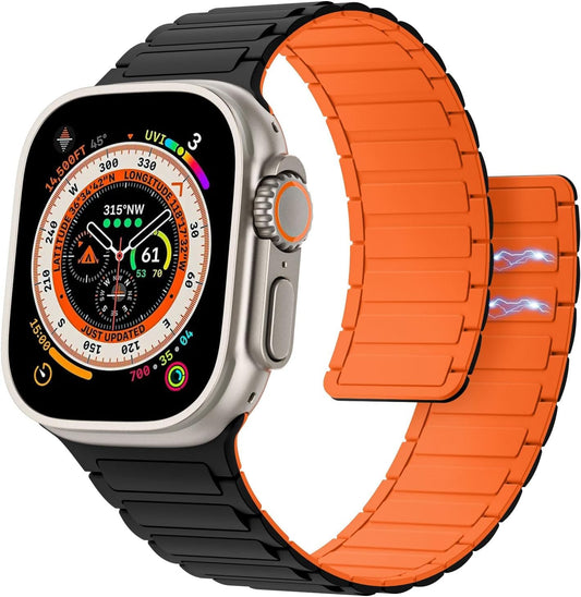 Silicone Magnetic Sport Watch Band Compatible with Apple Watch Ultra 2/Ultra Band for 49mm 46mm 45mm 44mm, Solo Loop Strap for iwatch Series 10 9 8 7 6 5 SE2 4 - Black|Orange